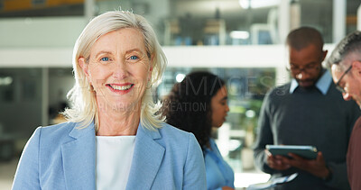Buy stock photo Mature woman, portrait and meeting at office with smile, pride and career at insurance company. Person, happy and actuary with confidence, risk management or job with group in workplace at agency