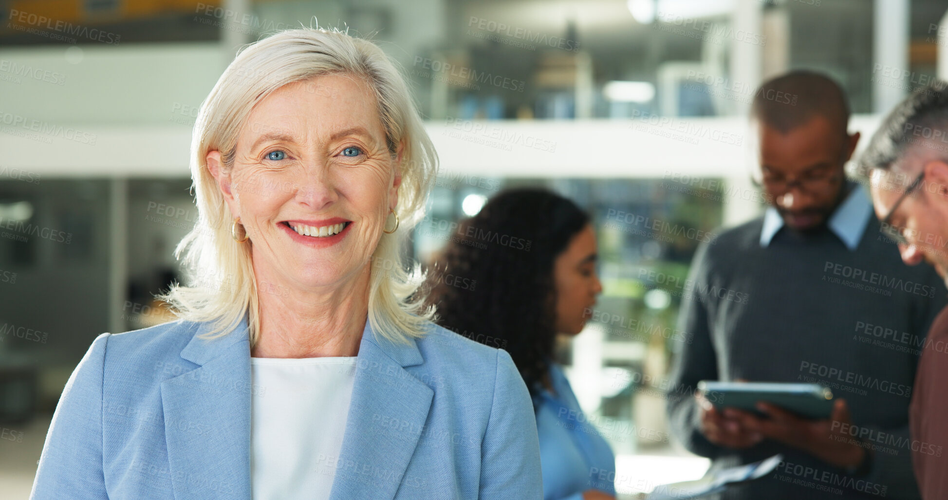 Buy stock photo Mature woman, portrait and meeting at office with smile, pride and career at insurance company. Person, happy and actuary with confidence, risk management or job with group in workplace at agency