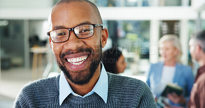 Buy stock photo Business, portrait and smile of man with colleagues in office for about us, ambition or development. Company, glasses or satisfaction and happy employee person in workplace with team for workshop