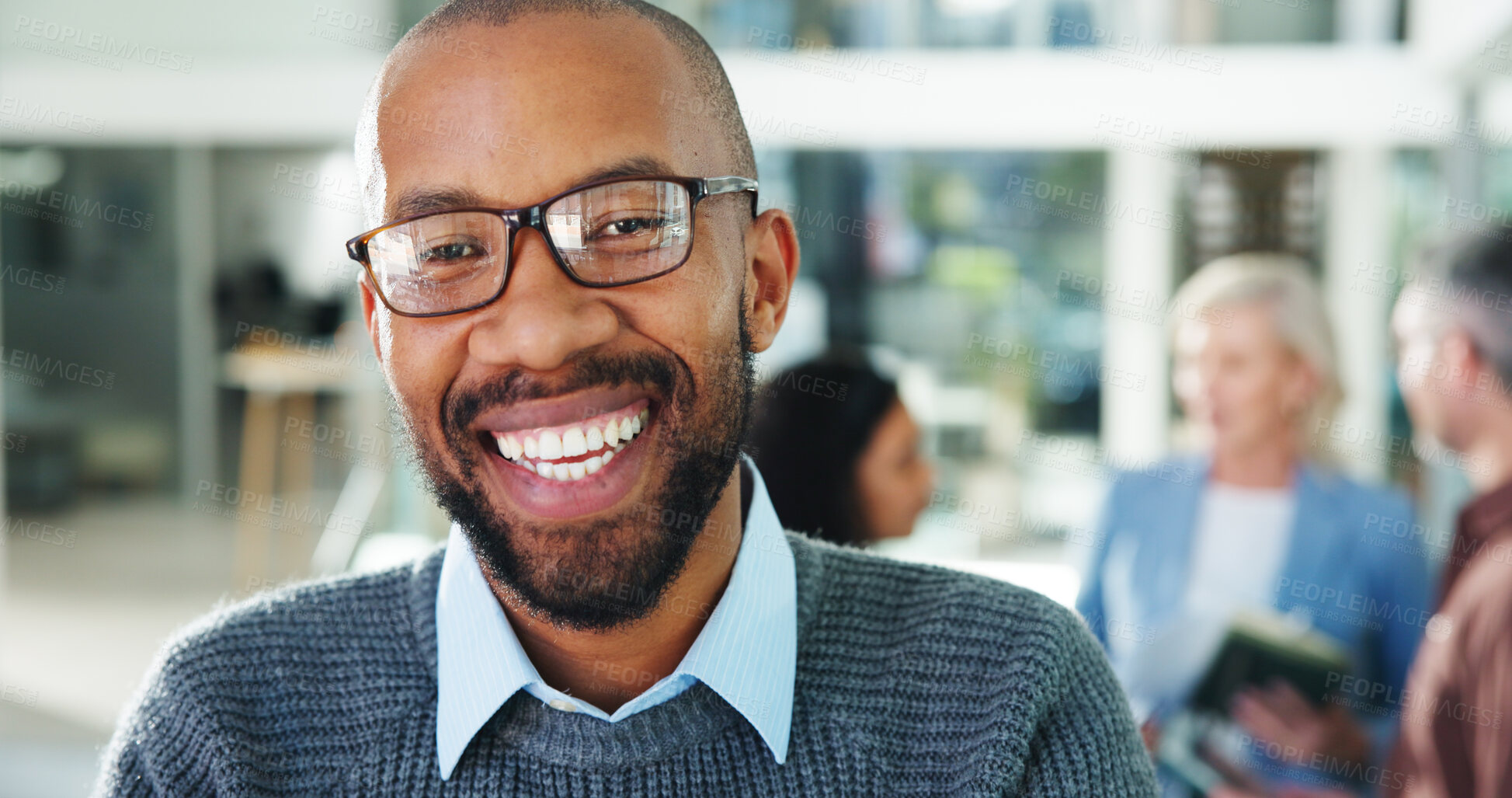Buy stock photo Business, portrait and smile of man with colleagues in office for about us, ambition or development. Company, glasses or satisfaction and happy employee person in workplace with team for workshop
