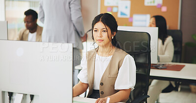 Buy stock photo Reading, marketing or woman in office with computer, industry research or report for company growth. Review, serious and creative clerk in agency with tech, info or trend forecast for brand promotion