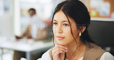 Buy stock photo Thinking, marketing or woman in office with review, brainstorming or insight for company growth. Reflection, thoughts or clerk in agency with idea, inspiration or problem solving for brand promotion.