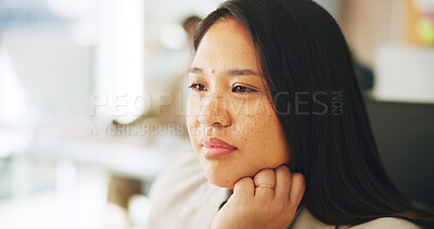 Buy stock photo Media agency, thinking and woman in office, ideas and planning for news report. Person, employee and journalist in workplace, copywriting and reflection with decision for article and problem solving