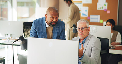 Buy stock photo Business people, computer and office with discussion for company improvement or software update. Businessmen, employees or colleagues with technology for network connection or agency in workplace