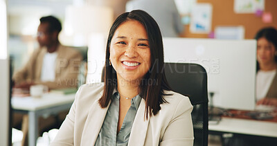 Buy stock photo Portrait, business and woman with smile in office for career pride, about us and media agency. Confident, person and copywriting ambition, news reporter and happy journalist in coworking workplace