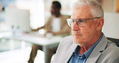 Buy stock photo Thinking, ceo and mature man in office, ambitious and planning for investment opportunity or vision. Corporate, investor and person with glasses, reflection and ideas for business growth and project