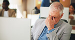 Stress, headache or man in office with desktop, frustration or update mistake in task management. Migraine, coworking or mature employee in agency with tech, poor report review or burnout in deadline