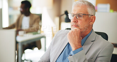 Buy stock photo Thinking, ceo and man in office, serious and plan for investment opportunity, ambition and corporate. Investor, vision and mature person with glasses, reflection and ideas for business development