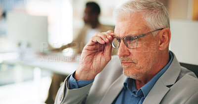 Buy stock photo Thinking, business and man with glasses in office for eye care, prescription lens and clear eyesight. Thought, mature person and professional eyewear with optical focus, optometry solution and vision