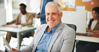 Buy stock photo Portrait, business and man with smile in office for career pride, about us and media agency. Happy, mature person and copywriting ambition, news reporter and journalist manager in coworking workplace
