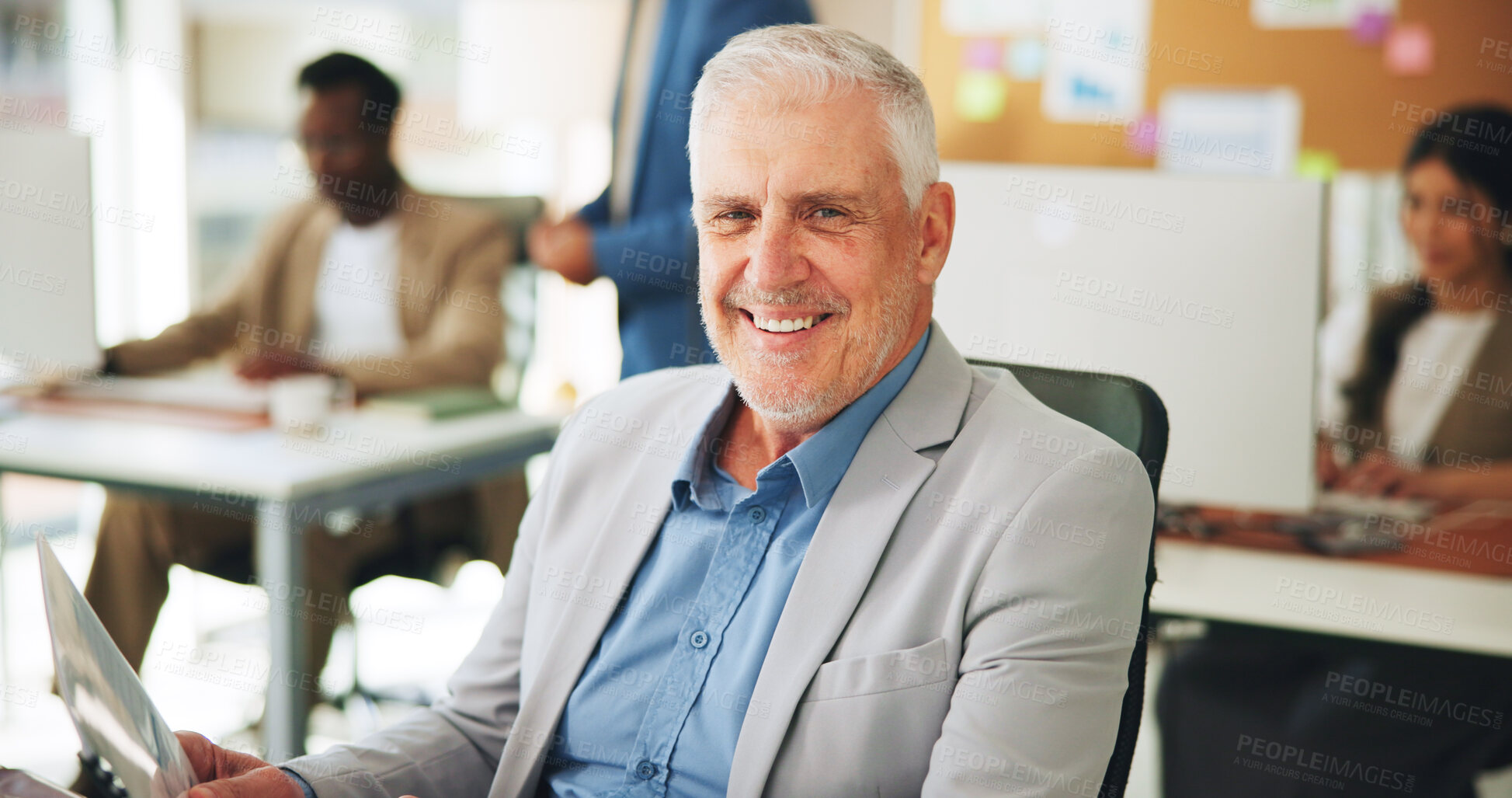 Buy stock photo Portrait, business and man with smile in office for career pride, about us and media agency. Happy, mature person and copywriting ambition, news reporter and journalist manager in coworking workplace