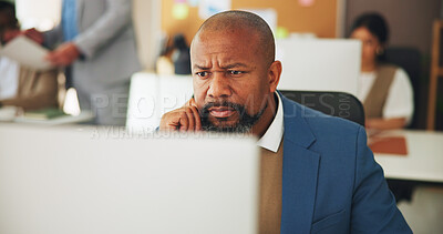 Buy stock photo Media agency, thinking and man in office, computer and planning for news report. Mature person, copywriting or journalist with pc, wonder and decision with online column, solution and problem solving