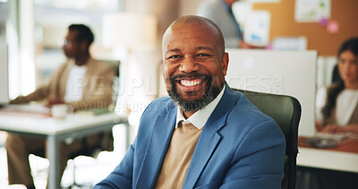 Buy stock photo Media agency, portrait and man in office, smile and copywriting with career ambition. Mature person, journalist and magazine editor in workplace, confidence and happiness with pride and creativity