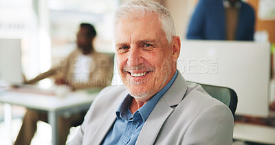 Buy stock photo Happy, business and man with portrait in office for career pride, about us and media agency. Smile, mature person and copywriting ambition, news reporter and journalist manager in coworking workplace
