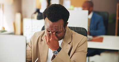 Buy stock photo Eye strain, pain or man in office with computer, tired or headache with task management pressure. Tech, coworking or consultant with migraine, fatigue with vision discomfort or deadline issue