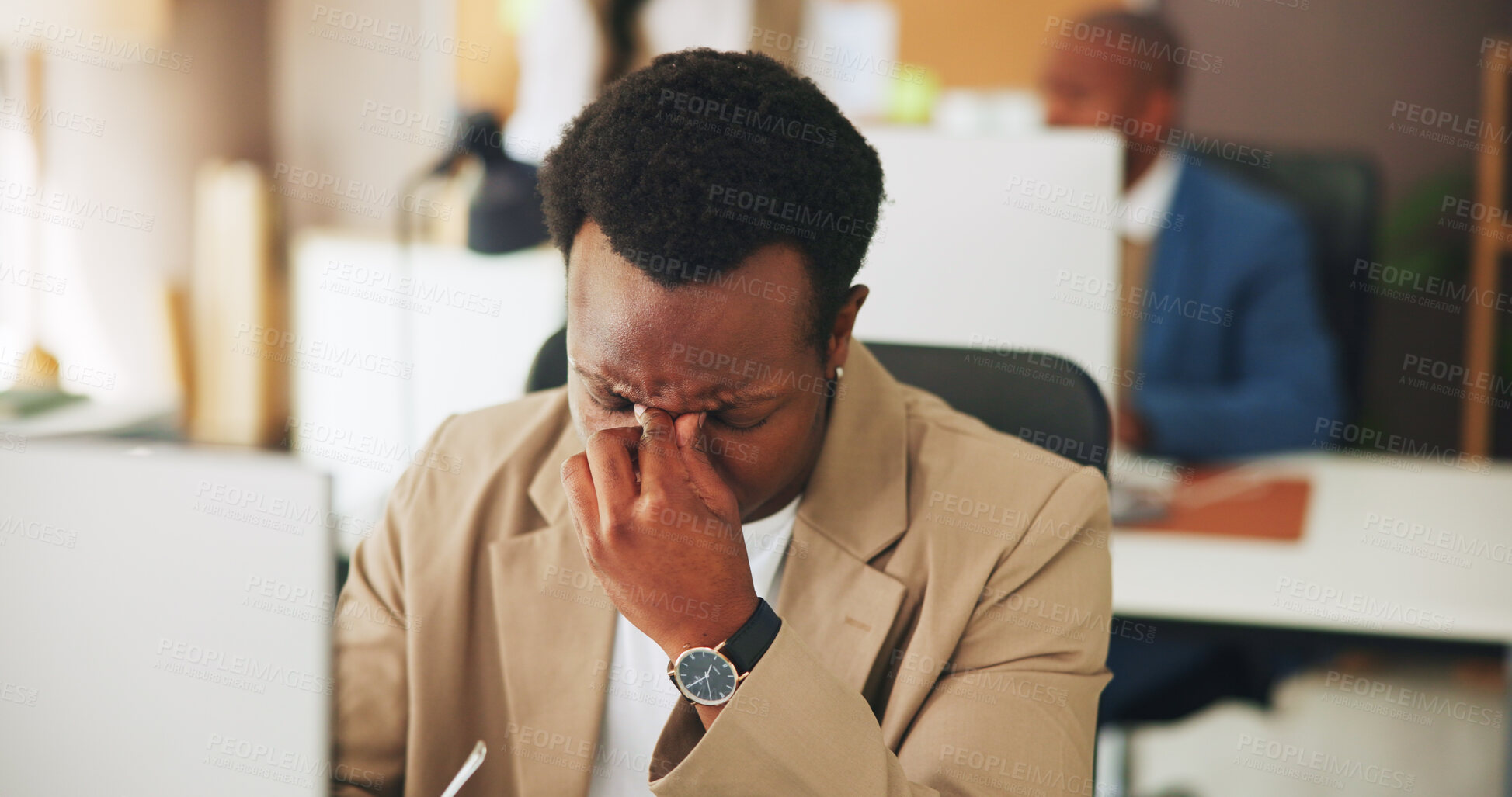 Buy stock photo Eye strain, pain or man in office with computer, tired or headache with task management pressure. Tech, coworking or consultant with migraine, fatigue with vision discomfort or deadline issue