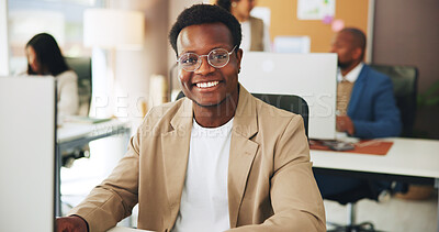 Buy stock photo Portrait, creative and man with computer in office for career pride, about us and media agency. Smile, male person and copywriting ambition, news reporter and happy journalist in coworking workplace