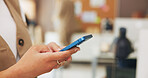 Hands, media agency and woman in office, smartphone and typing with email for publishing schedule. Closeup, person and journalist in workplace, cellphone and internet with research for news report