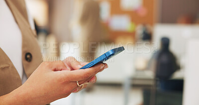 Buy stock photo Hands, media agency and woman in office, smartphone and typing with email for publishing schedule. Closeup, person and journalist in workplace, cellphone and space with research for news report