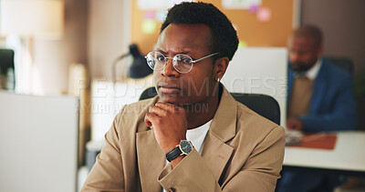 Buy stock photo Thinking, business man and computer for reading news article, grammar and insight on story angle. Coworking, editor or tech at publishing agency for proofreading investigative report or blog decision