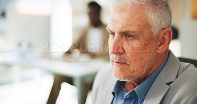 Buy stock photo Thinking, employee and man in office, serious and wealth management for company or space. Corporate coworking, investment banker and mature person with ideas for business development or reflection