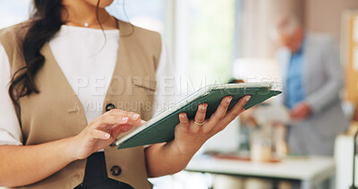 Buy stock photo Hands, media agency and woman in office, tablet or typing with email for publishing schedule. Internet, person or journalist with tech, website blog or connection with research for news report or app