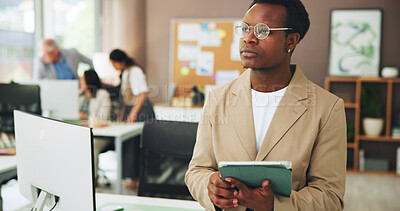 Buy stock photo Thinking, marketing or man in office with tablet, industry research or ideas for company growth. Reflection, glasses or creative clerk in agency with tech, inspiration or planning for brand promotion