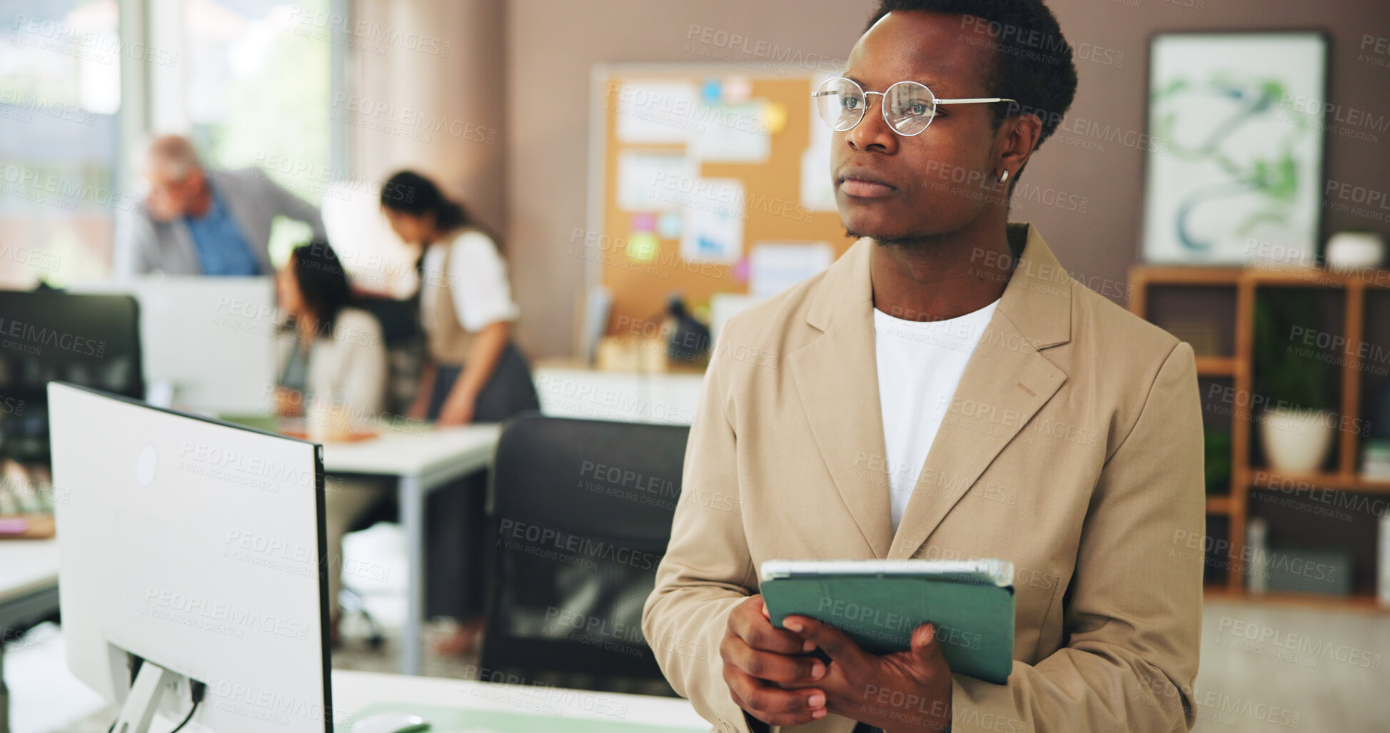 Buy stock photo Thinking, marketing or man in office with tablet, industry research or ideas for company growth. Reflection, glasses or creative clerk in agency with tech, inspiration or planning for brand promotion