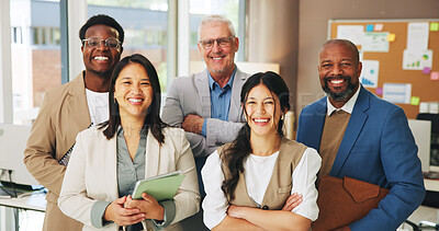 Buy stock photo Media agency, portrait and people in office, smile and diversity with news team. Group, happy journalist or men with women, creativity and multiracial with confidence, copywriting and magazine editor