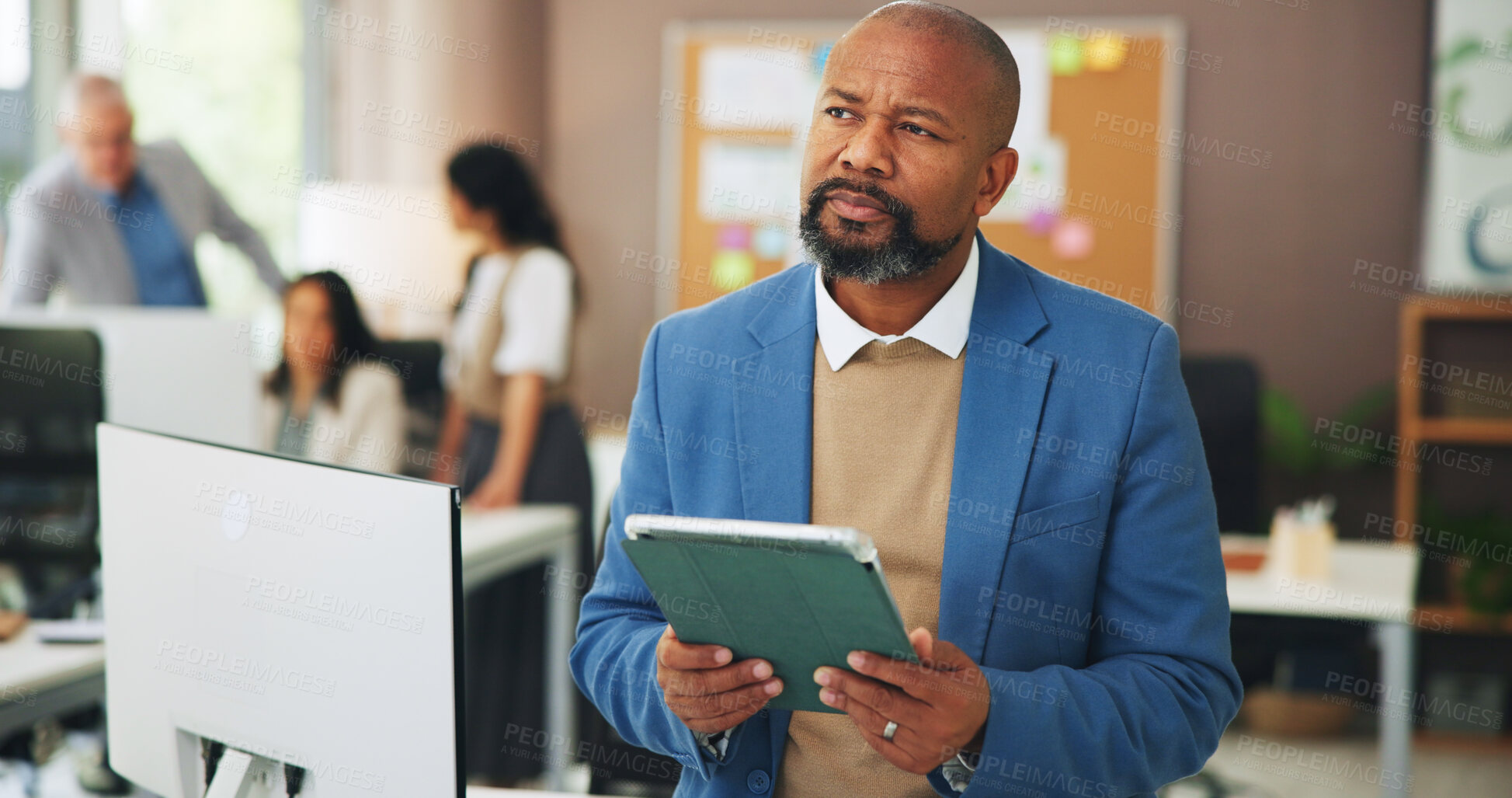 Buy stock photo Media agency, thinking and man in office, tablet and planning for news report. Mature person, publication or journalist with tech, creative or decision with online column, solution or problem solving