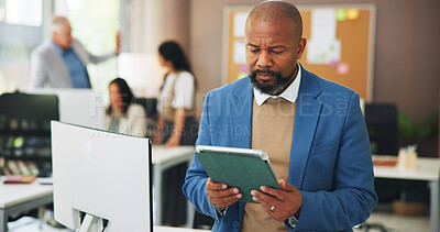 Buy stock photo Business, man and reading with tablet in office for research, editing article and draft update. Mature person, coworking and digital to email editor, proofreading and submission for story publication