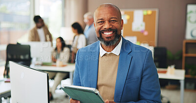 Buy stock photo Media agency, portrait and happy man in office, tablet and magazine editor with publication. Mature person, smile and journalist with tech, career ambition and submission with creative project or app