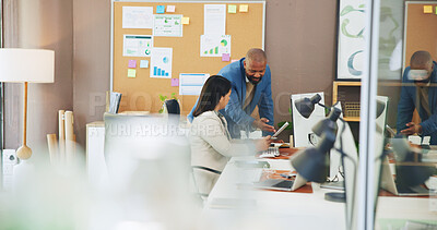 Buy stock photo Computer, document and business team with advice in office for revenue growth, KPI and forecasting. Financial analyst, people and folder with graphs for investment decision and stocks report insight