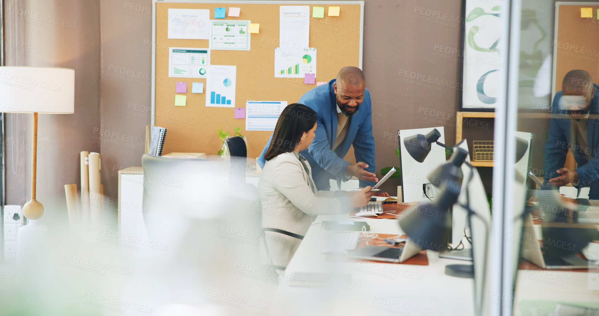 Buy stock photo Computer, document and business team with advice in office for revenue growth, KPI and forecasting. Financial analyst, people and folder with graphs for investment decision and stocks report insight