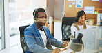 Businessman, consultant and agency with headset in office for online advice or virtual assistance. Happy man, employee or agent with mic on computer or app for business communication, help or support