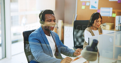 Buy stock photo Businessman, consultant and agency with headset in office for online advice or virtual assistance. Happy man, employee or agent with mic on computer or app for business communication, help or support