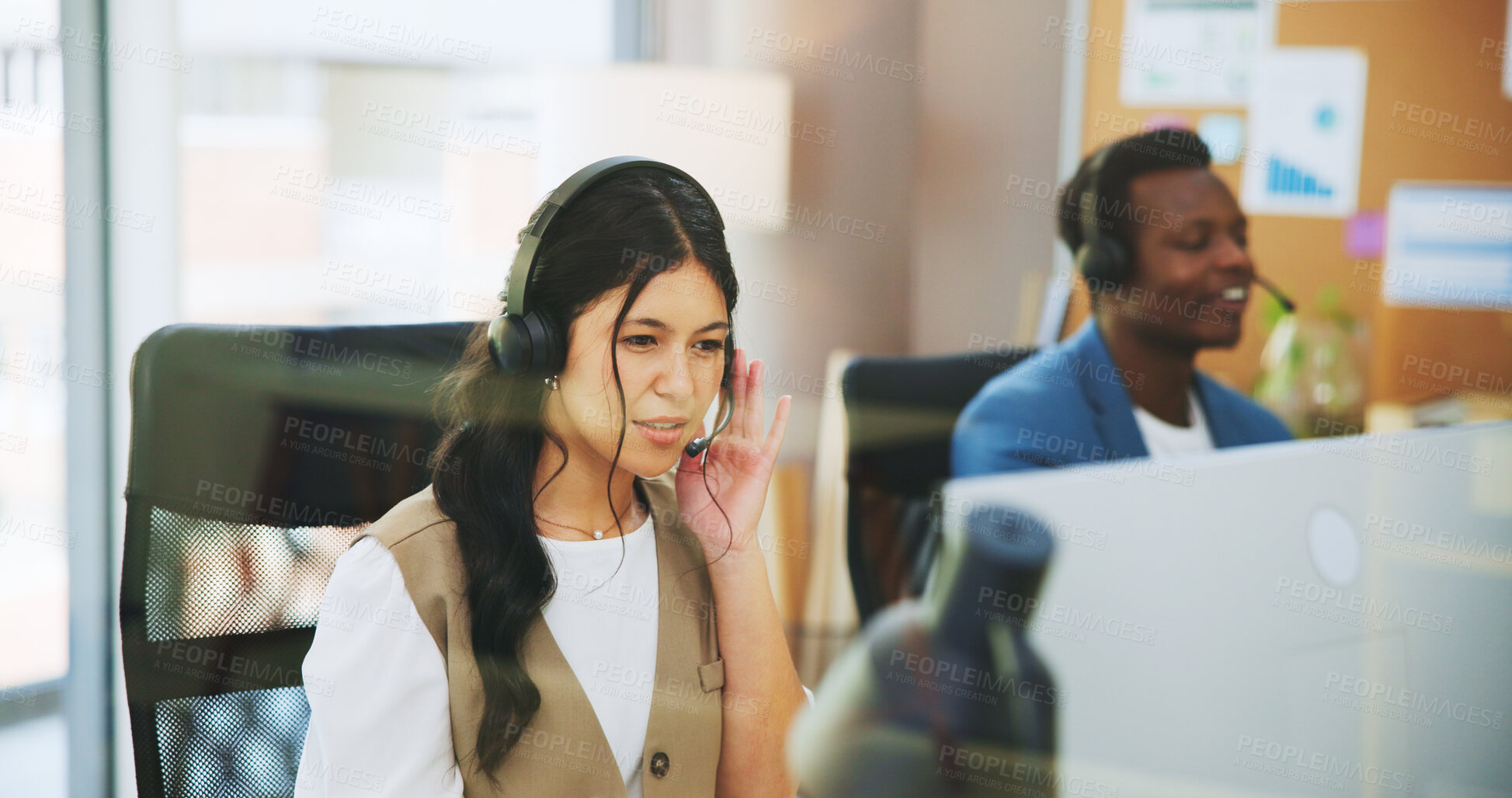 Buy stock photo Business woman, consultant or agency with headset in office for online advice or virtual assistance. Female person, employee or agent with mic on computer for CRM communication, help or support