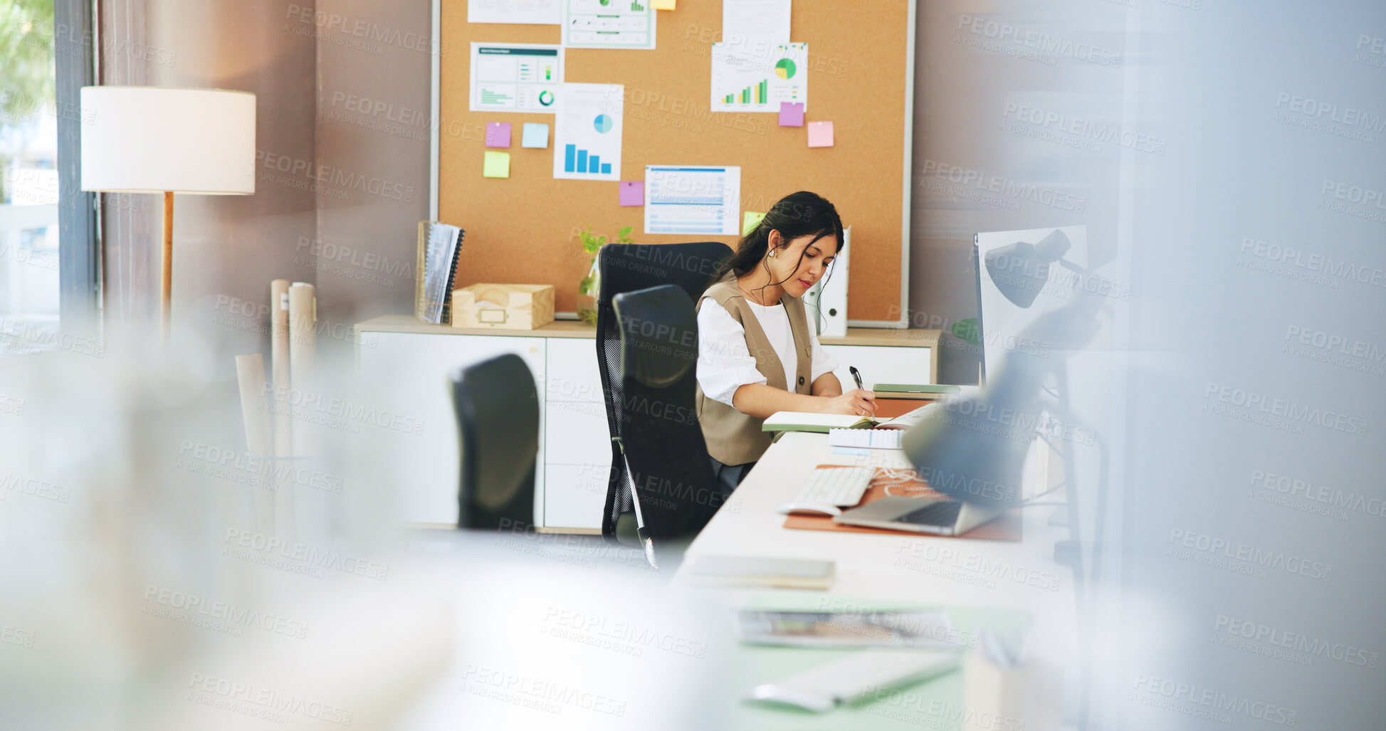 Buy stock photo Media agency, writing and woman in office, planning and calendar with schedule for submission. Person, copywriting and journalist in workplace, ideas and deadline for article, proofreading and agenda