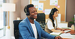 Businessman, consultant or computer with headset in office for online advice or virtual assistance. Man, employee or agent with mic or technology for communication, help or support in workplace