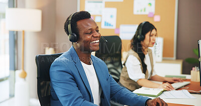 Buy stock photo Businessman, consultant or coworking with headset in office for online advice or virtual assistance. Man, employee or agent with mic or technology for communication, help or support in workplace
