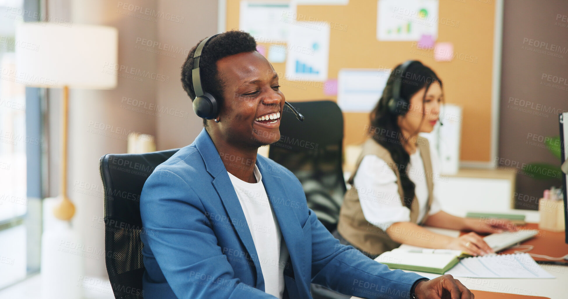 Buy stock photo Businessman, consultant or coworking with headset in office for online advice or virtual assistance. Man, employee or agent with mic or technology for communication, help or support in workplace