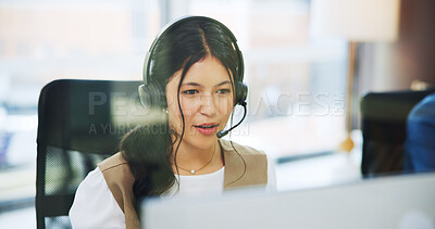 Buy stock photo Woman, consultant or computer with headset in office for online advice or virtual assistance. Female person, employee or agent with mic or technology for communication, help or support in workplace