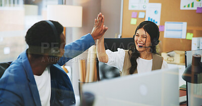 Buy stock photo Business people, consultant or high five with headset in office for online advice or virtual assistance. Businessman, woman or coworking with smile for team success, help or support in workplace