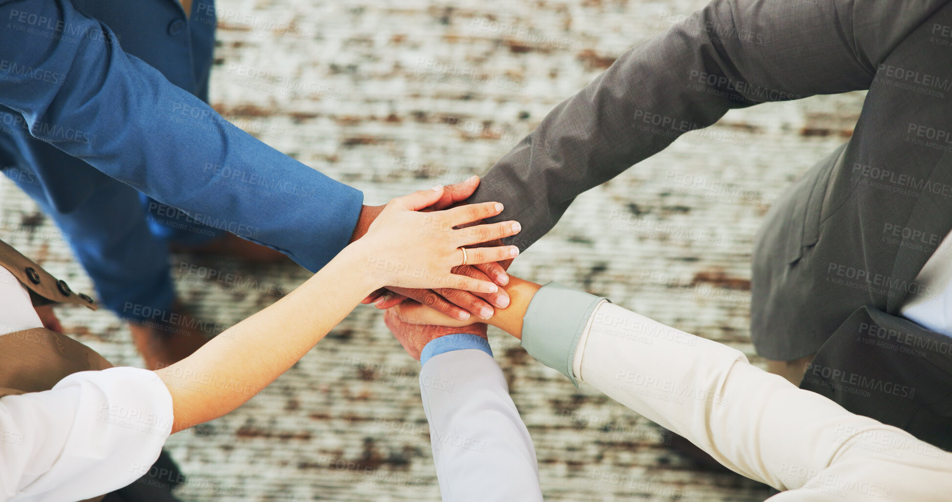 Buy stock photo Hands stack, above or people in office with support, solidarity or motivation in teamwork. Business, agreement or employees in workplace with pile, collaboration or achievement in staff synergy.