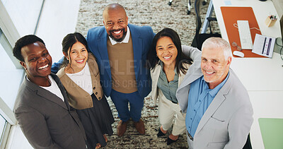 Buy stock photo Business, team and happy with hug portrait at law firm for office community, solidarity and about us. Above, lawyer staff and people with embrace for legal collaboration, career integrity and pride