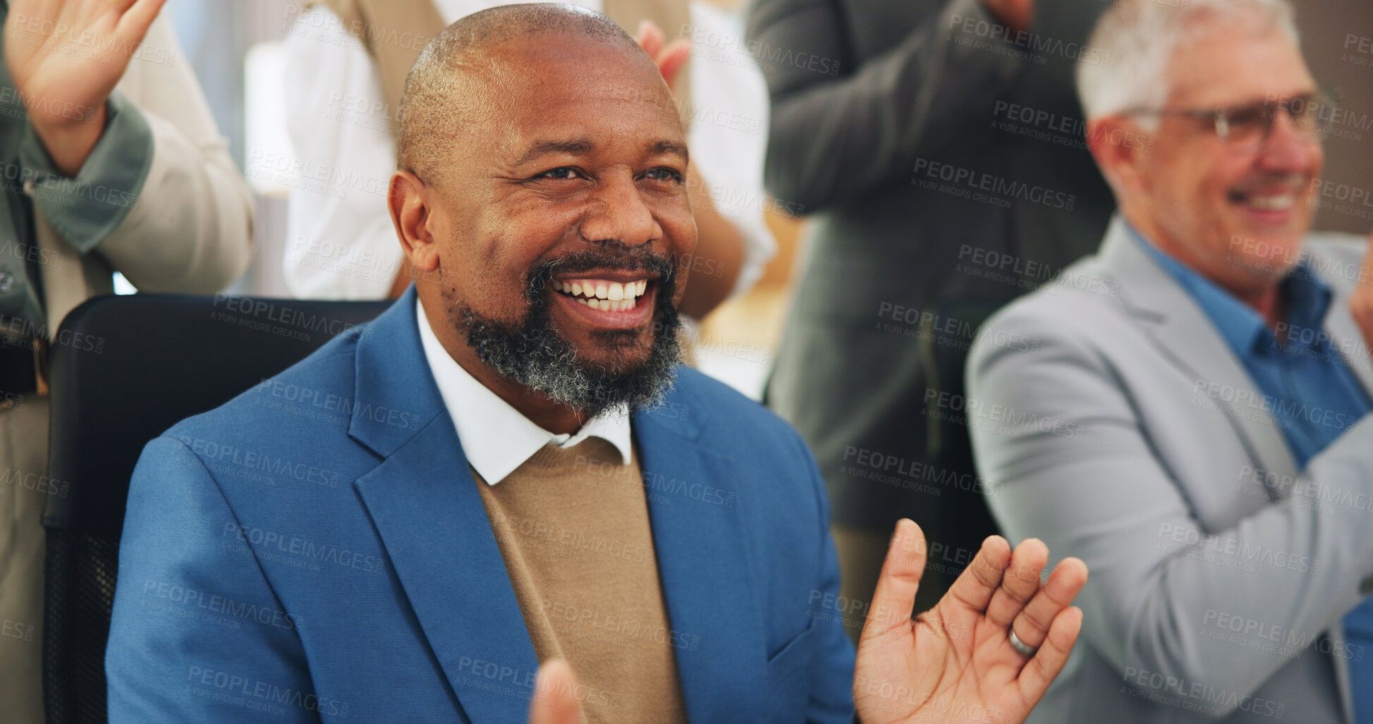 Buy stock photo Excited, men and applause for presentation, success and celebration for training session or meeting. Happy, audience and clapping for achievement in seminar, collaboration and listening to speech