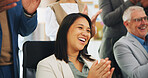 Media agency, applause and happy woman in office, celebration and copywriting with achievement. People, journalist and employees in workplace, clapping and cheering with submission, smile and goals