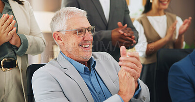 Buy stock photo Media agency, applause and happy man in office, celebration and copywriting with achievement. People, journalist and mature person with smile, clapping and cheering with submission and publication
