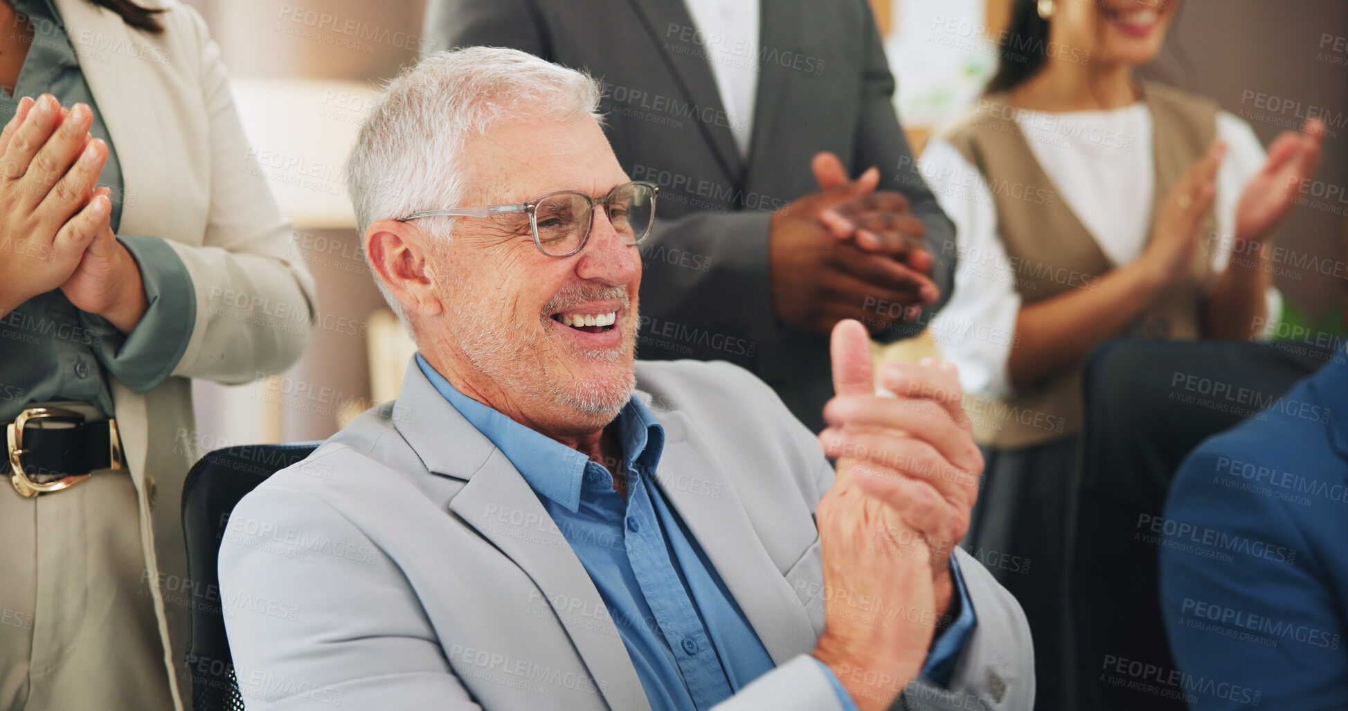 Buy stock photo Media agency, applause and happy man in office, celebration and copywriting with achievement. People, journalist and mature person with smile, clapping and cheering with submission and publication