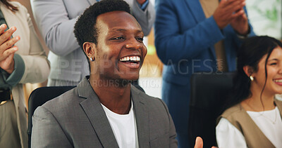Buy stock photo Business, man and applause with smile in seminar for good news, presentation success and celebration. Happy, staff and clapping hands for well done, team motivation and meeting of company achievement